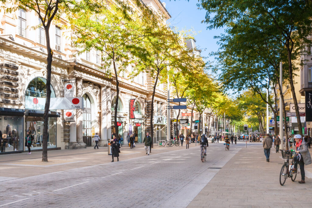 Mariahilfer Strasse, the most popular shopping streets of Vienna. Austria