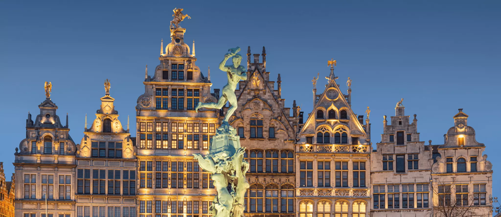 Night view of Antwerp city center, Belgium, with charming historic architecture.