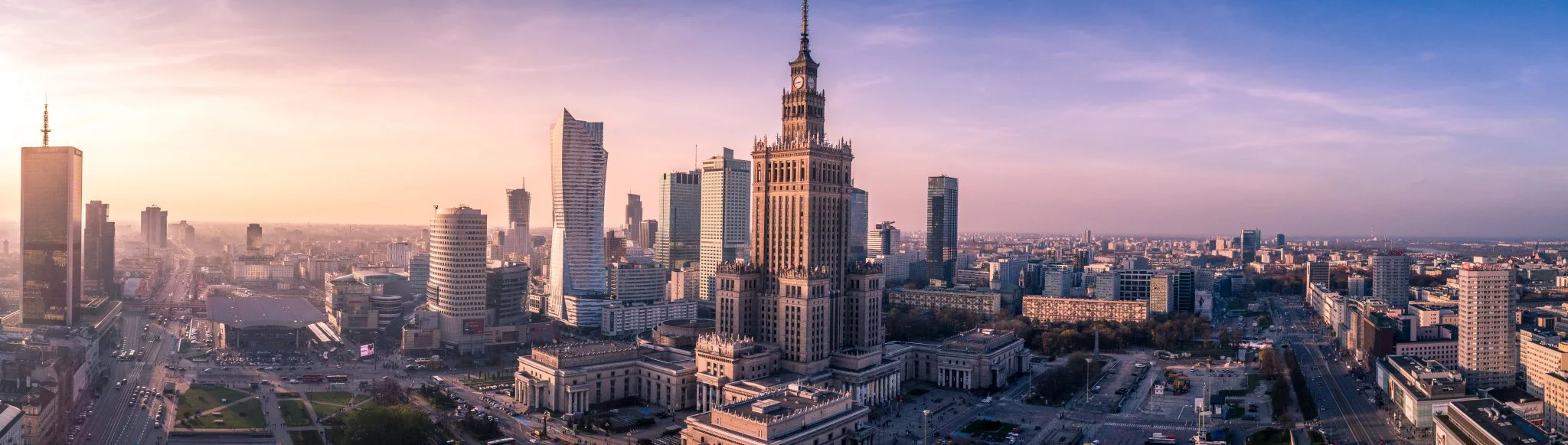 Sunset over Warsaw skyline, Poland - a business hub of Europe.